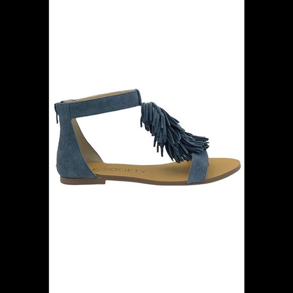 Sole Society Suede Fringe Flat Sandals Koa Vista Blue - Medium - Picture 1 of 5